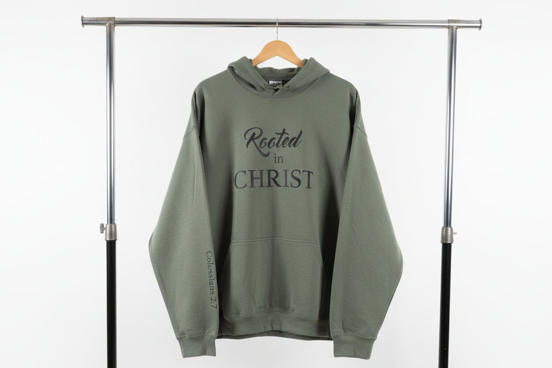 Military Green Unisex Hoodie Sweatshirt – Rooted in Christ Colossians 2:7