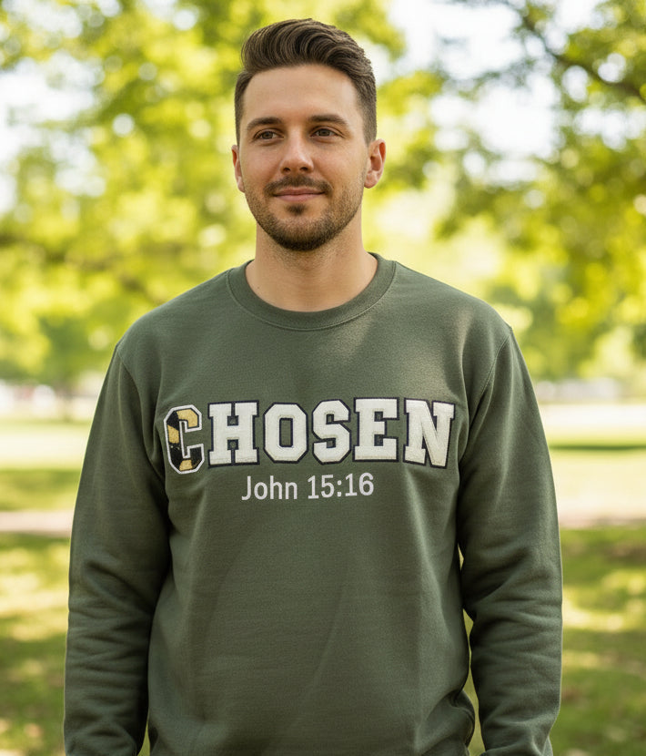 Chosen – John 15:16 Unisex Chenille Letter Sweatshirt | Garnet Red & Military Green