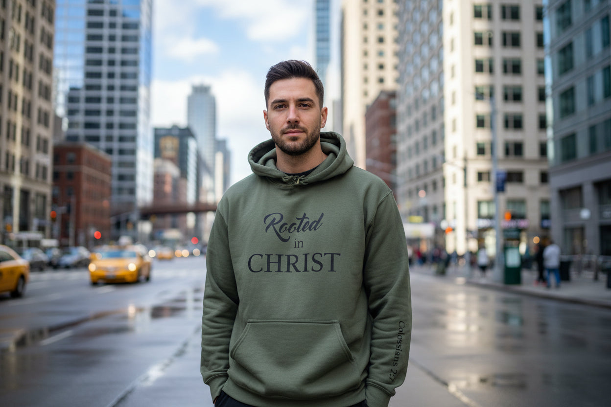 Military Green Unisex Hoodie Sweatshirt – Rooted in Christ Colossians 2:7