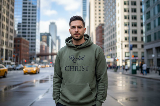 Military Green Unisex Hoodie Sweatshirt – Rooted in Christ Colossians 2:7