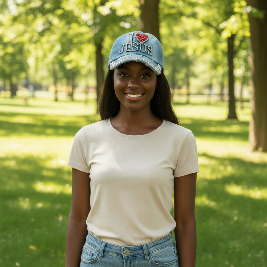 Women's Denim Baseball Cap I Love Jesus
