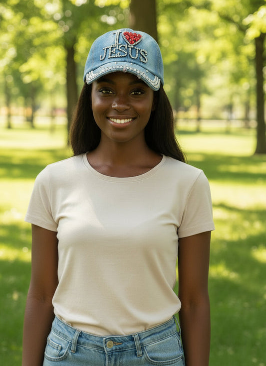 Women's Denim Baseball Cap I Love Jesus