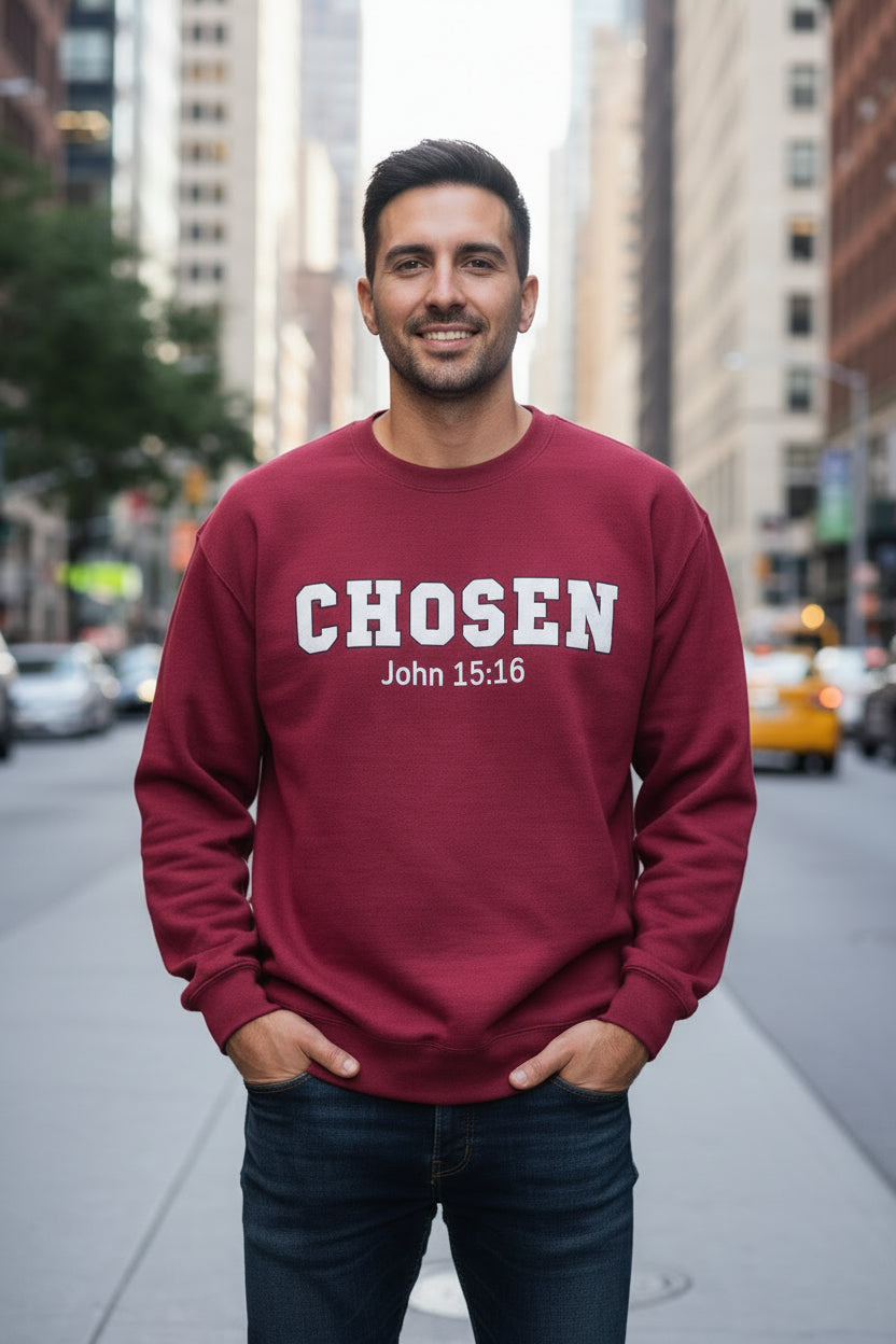 Chosen – John 15:16 Unisex Chenille Letter Sweatshirt | Garnet Red & Military Green