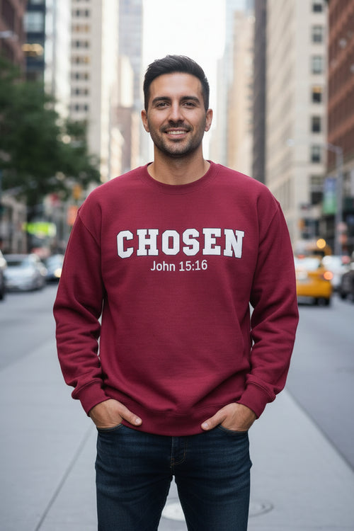 Chosen – John 15:16 Unisex Chenille Letter Sweatshirt | Garnet Red & Military Green