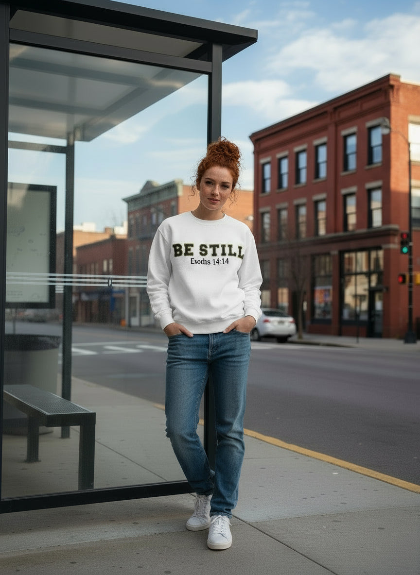 Women's Sweatshirt Be Still Exodus 14:14 Chenile Patch